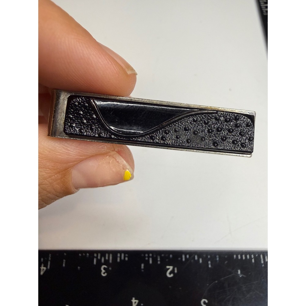 Silver Tone Tie Bar Black Textured Smooth Inlay Rectangular Alligator Clip 2in